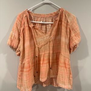 Anthropologie Orange Puff Sleeve Blouse with Smocked Tie Front